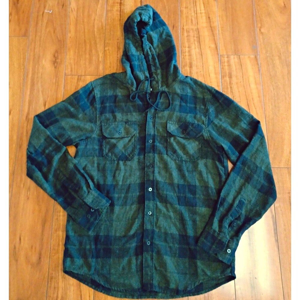 RSQ Men's L Green Black Plaid Flannel Shirt Hoodie Button Up Long Sleeve